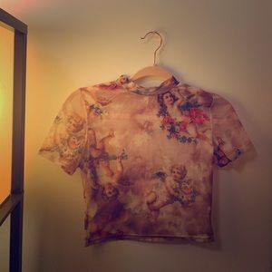 Tan Mesh Angel Print Crop Top
